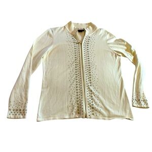 Cream Studded Zip-Up Cardigan~‎ Size Large ~ Holiday Wear